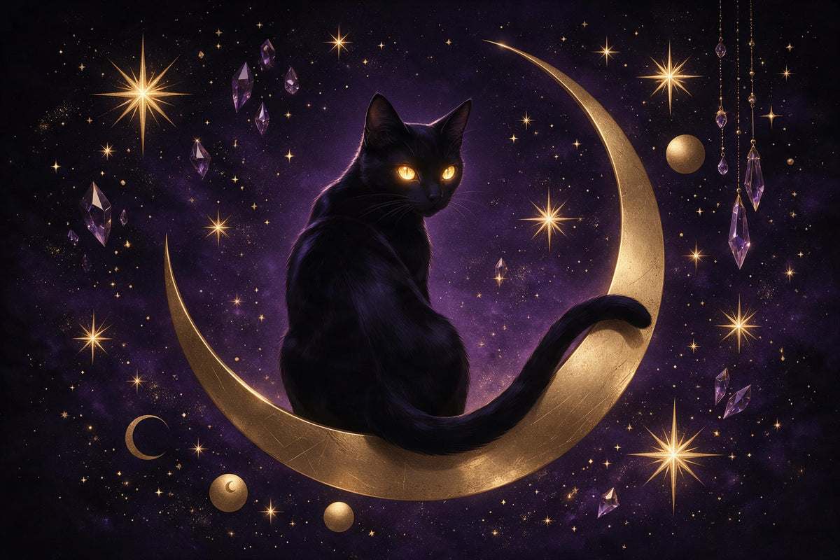 Black cat with golden eyes on a golden crescent moon under stars, as a tapestry printed on fabric – gold and violet
