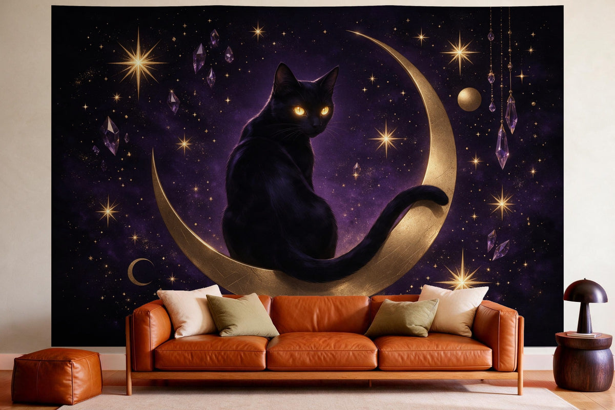 XXL wall tapestry Black Cat with Crescent Moon as wall decor in a cosy living room above the leather sofa