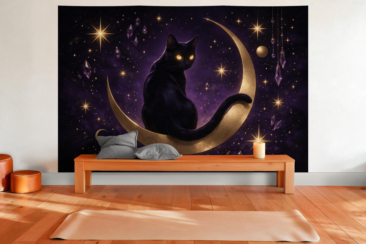 Wall decor in a yoga room: printed fabric tapestry Black Cat with Crescent Moon