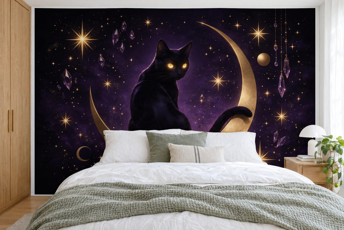 Large wall hanging Black Cat with Crescent Moon in the bedroom, wall-filling behind the bed – printed tapestry