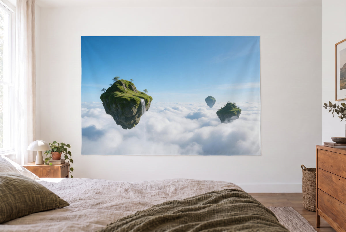Floating fantasy islands above the sea of clouds tapestry in a bright bedroom opposite the bed, wooden dresser at right
