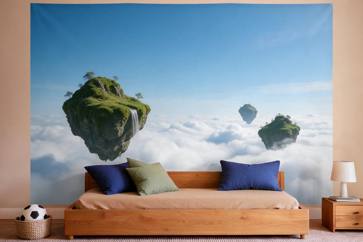 Wall decor in a boys' bedroom: printed fabric tapestry Floating Fantasy Islands above the Sea of Clouds