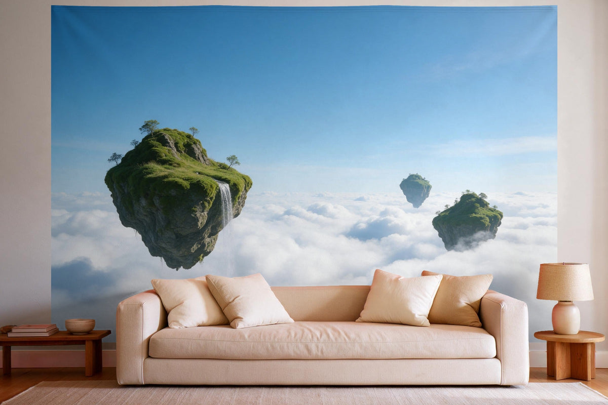 XXL wall tapestry Floating Fantasy Islands above the Sea of Clouds as wall decor in a bright living room above the sofa