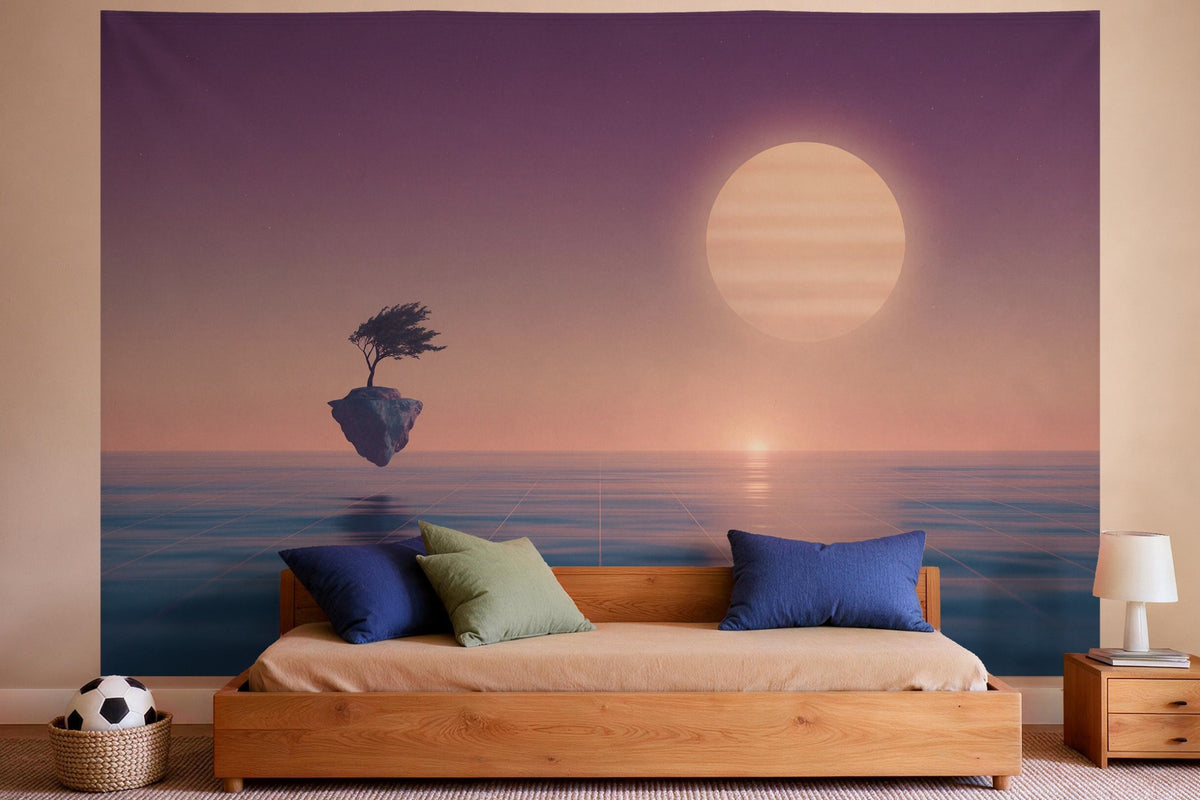 Tapiz de pared XXL Isla flotante a la luz de la luna retro como decoración en un dormitorio de niño