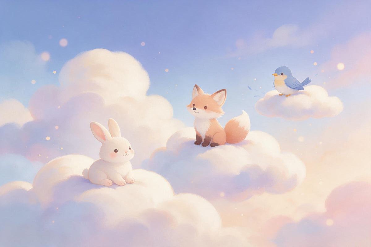 Hase, Fuchs und Vogel sitzen auf weichen Wolken am hellen Himmel, als Wandtuch, auf Stoff gedruckt – Rosa und Blau