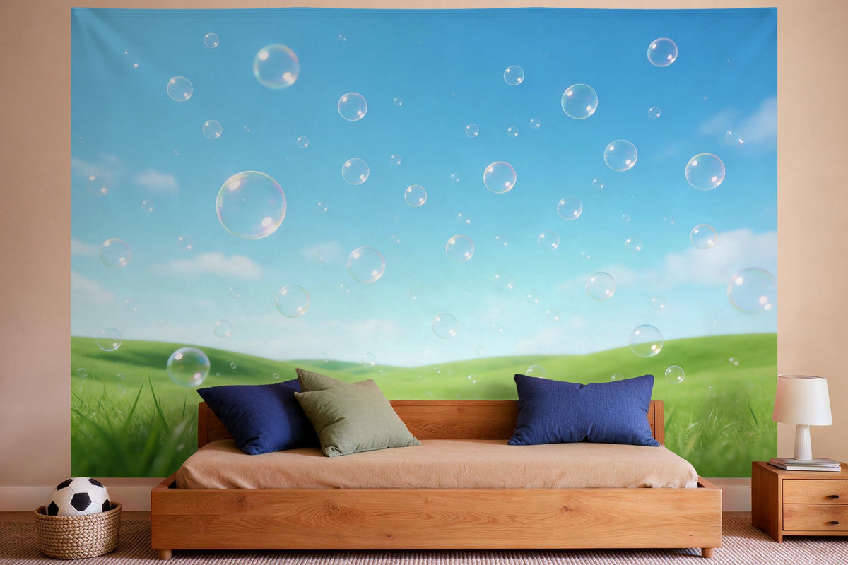 Decoración de pared en un dormitorio de niño: tapiz de tela Pompas de jabón sobre un prado verde