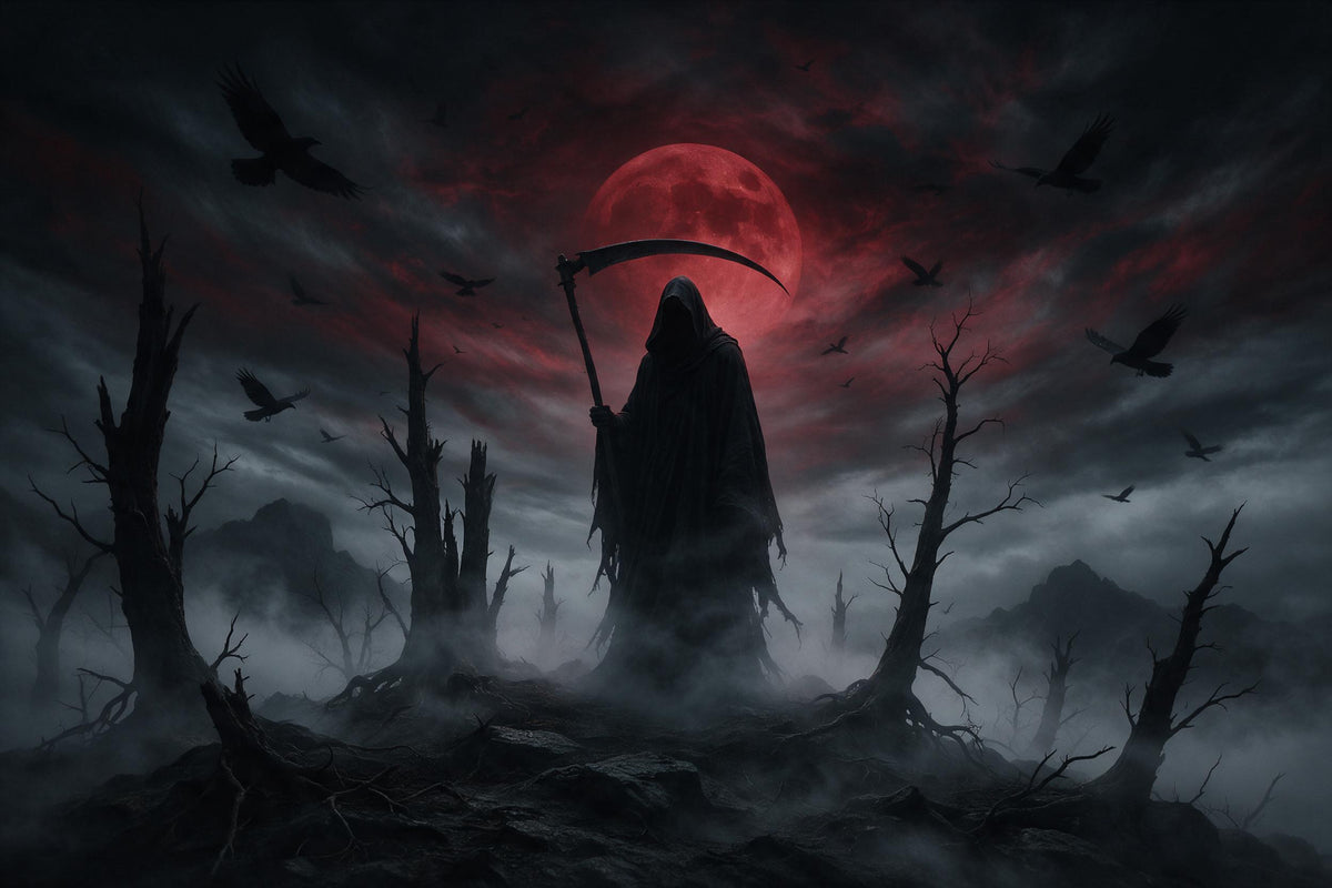 Parca gótica con guadaña sobre una colina bajo una luna rojo sangre, como tapiz impreso en tela – negro y rojo
