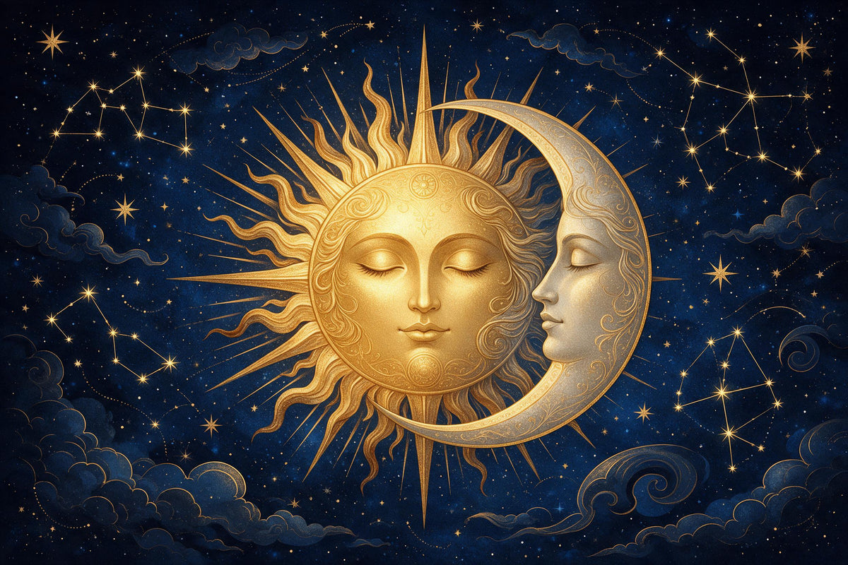Goldene Sonne und silberne Mondsichel mit Gesichtern zwischen Sternbildern, als Wandtuch, auf Stoff gedruckt – Nachtblau
