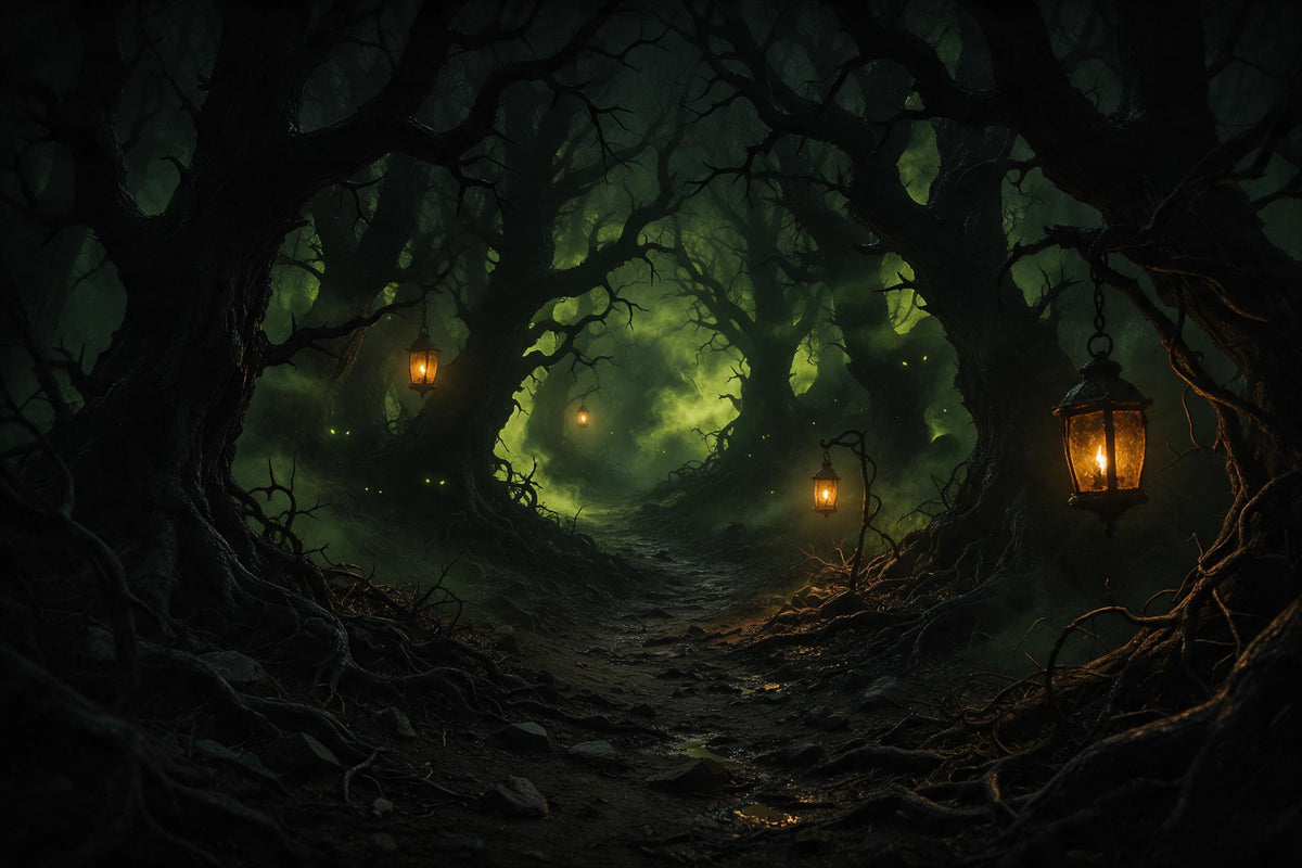Bosque encantado con árboles negros retorcidos y cuatro faroles en la niebla verde, tapiz impreso en tela – negro
