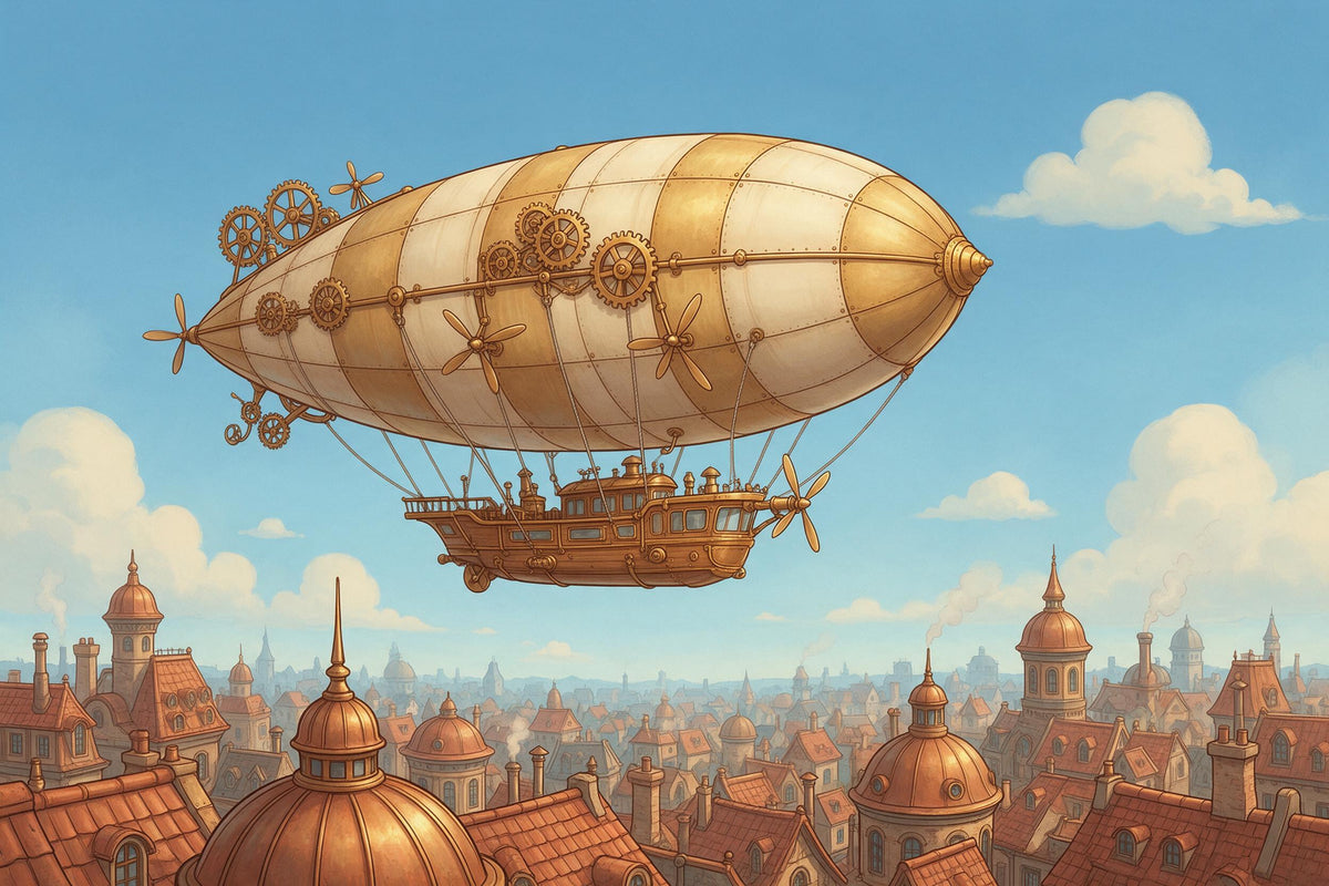 Steampunk-Luftschiff mit Zahnrädern und Propellern über Kupferdächern, als Wandtuch, auf Stoff gedruckt – Gold und Blau