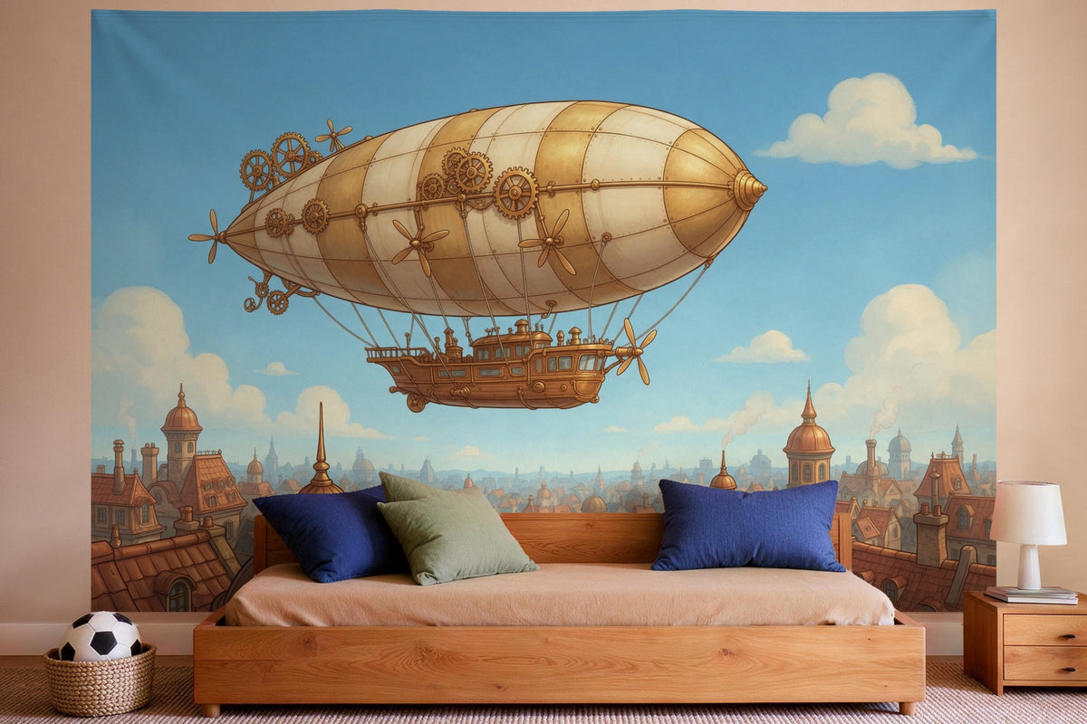 Wanddeko im Jungen-Kinderzimmer: Wandtuch Steampunk-Luftschiff, auf Stoff gedruckt