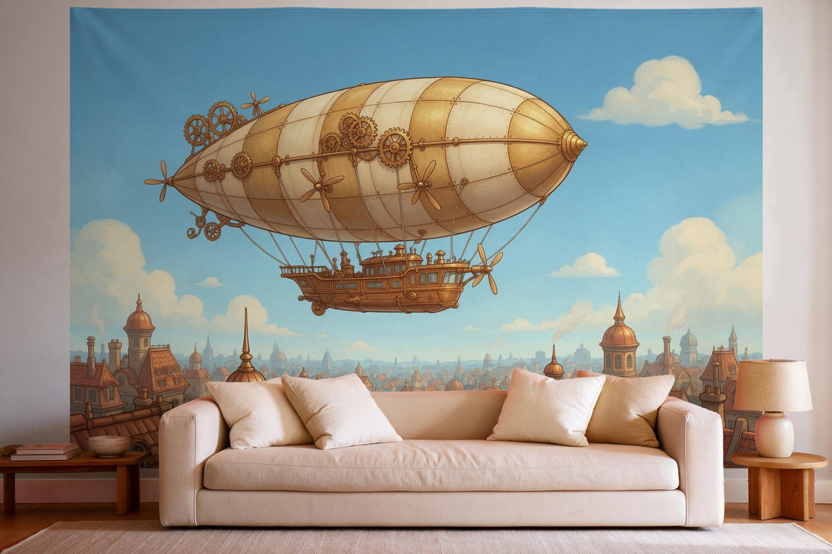 Wandtuch XXL Steampunk-Luftschiff als Wanddeko im hellen Wohnzimmer über dem Sofa