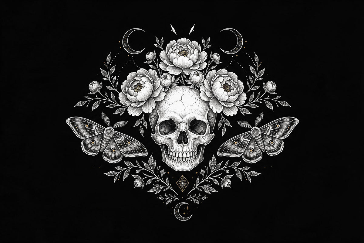 Totenkopf mit Pfingstrosenkranz, zwei Faltern und Mondsicheln in feinen weissen Linien, als Wandtuch, auf Stoff gedruckt