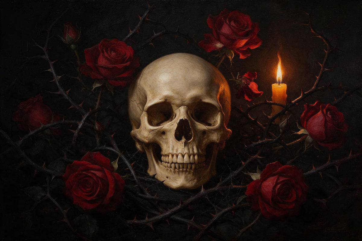 Totenkopf zwischen dunkelroten Rosen und Dornenranken im Kerzenlicht, als Wandtuch, auf Stoff gedruckt – Schwarz und Rot