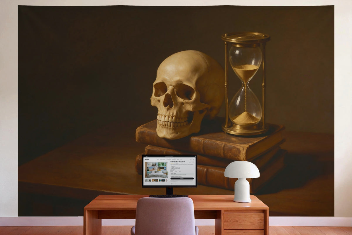 Wall decor in a home office behind the desk: printed fabric tapestry Skull with Hourglass and Books