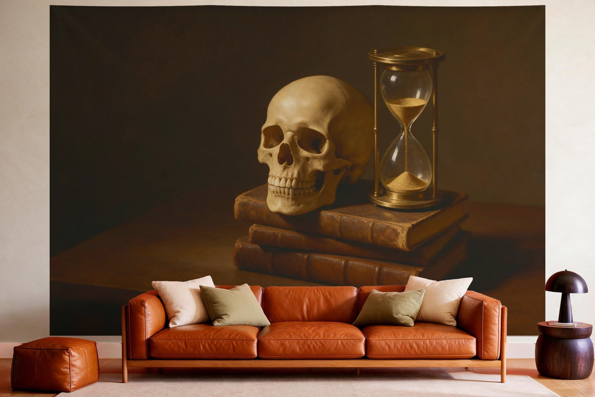 XXL wall tapestry Skull with Hourglass and Books as wall decor in a cosy living room above the leather sofa