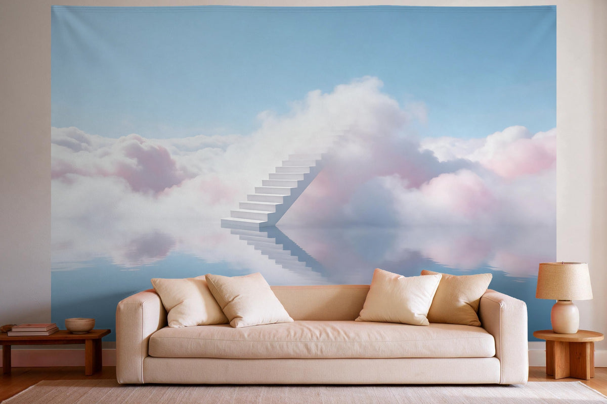 Tapiz de pared XXL Escalera hacia las nubes como decoración en un salón luminoso sobre el sofá
