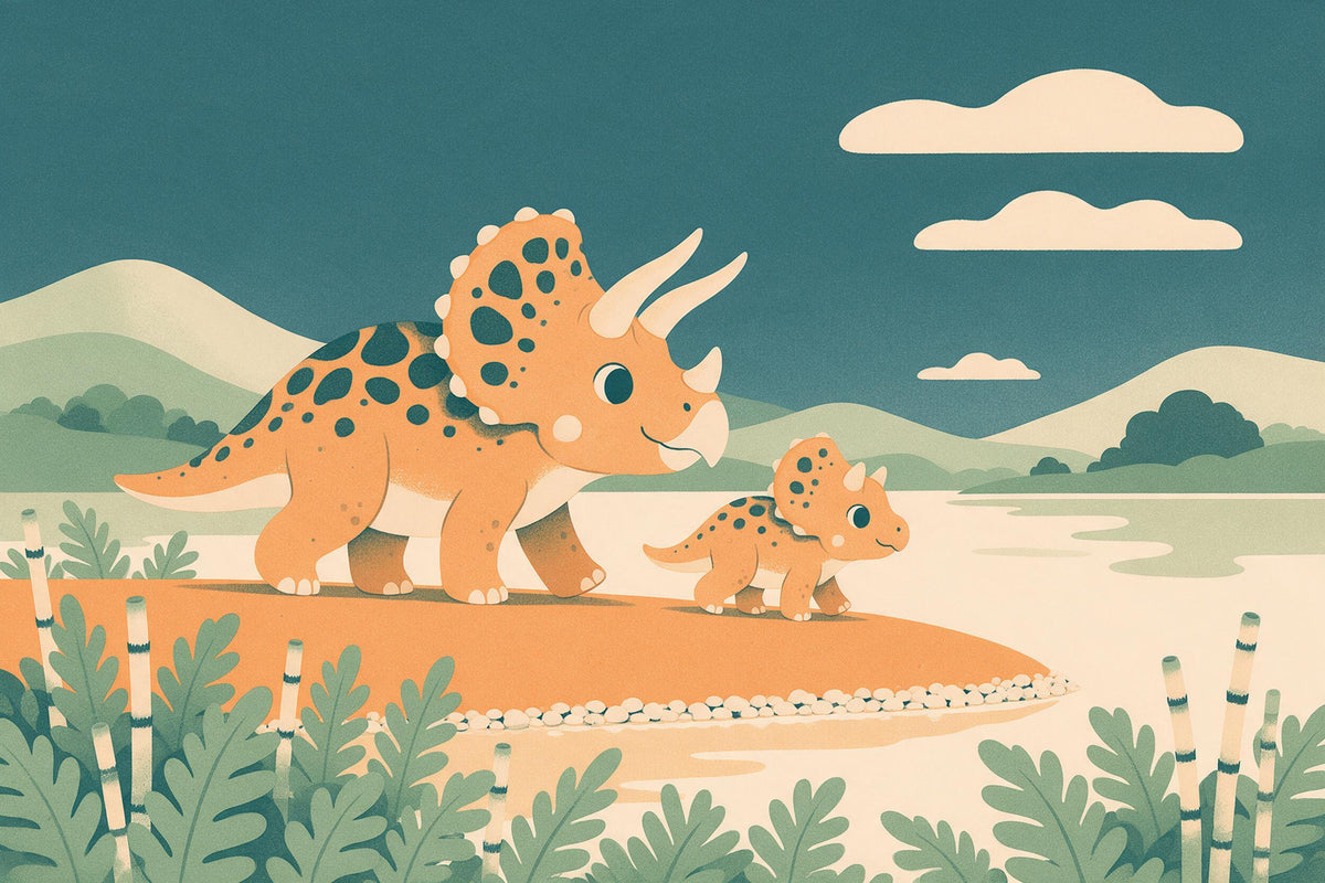 Dinosaurier: Triceratops mit Jungtier am Flussufer zwischen Farnen, als Wandtuch, auf Stoff gedruckt – Blau und Orange