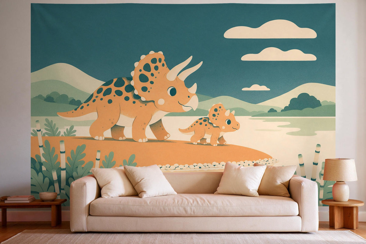 Wanddeko im hellen Wohnzimmer über dem Sofa: Wandtuch Dinosaurier am Fluss im Siebdruck-Stil, auf Stoff gedruckt
