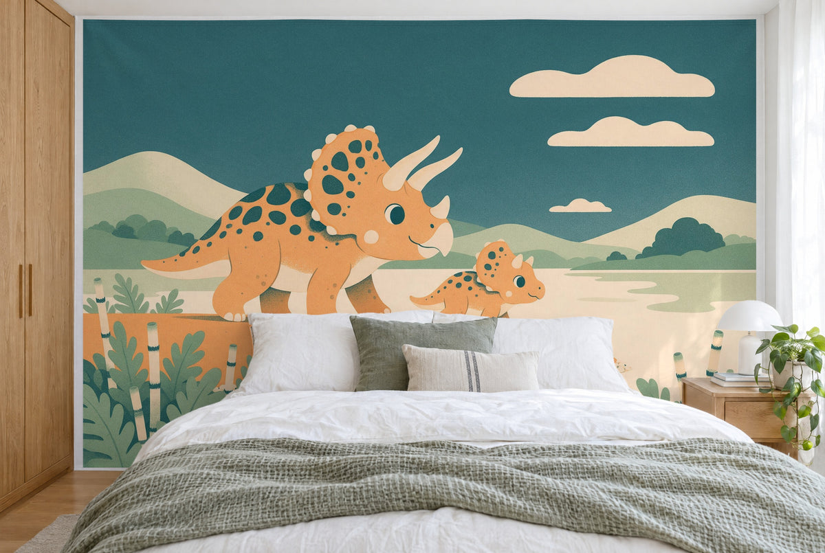 Bedruckter Stoff im XXL-Format: Triceratops mit Jungtier links am Flussufer, wandfüllend hinter dem Bett