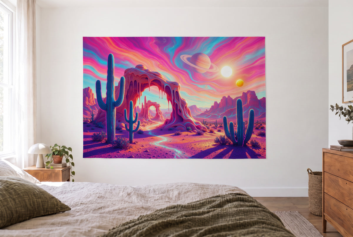 Tapiz desierto trippy con cactus en el dormitorio claro frente a la cama, cómoda de madera a la derecha – rosa y turquesa