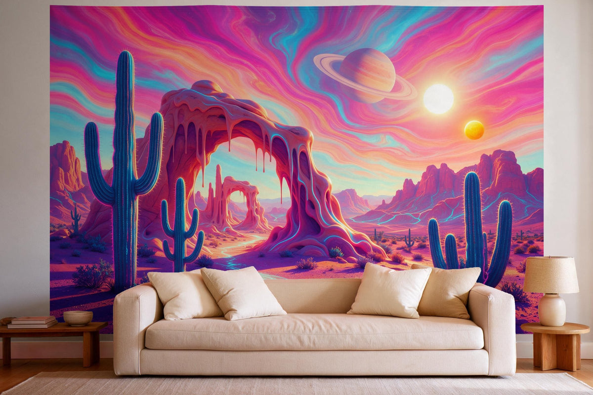 Tapiz de pared XXL Desierto trippy con cactus como decoración en un salón luminoso sobre el sofá