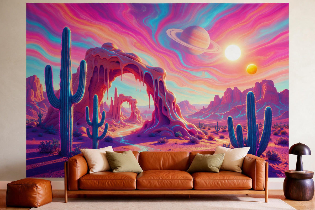 Decoración de pared en un salón acogedor sobre el sofá de cuero: tapiz de tela Desierto trippy con cactus