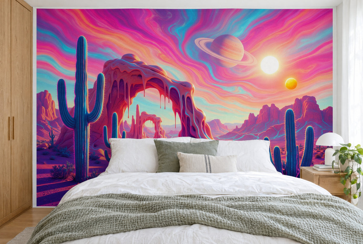 Tapiz de pared grande Desierto trippy con cactus en el dormitorio, cubriendo la pared detrás de la cama – tela impresa