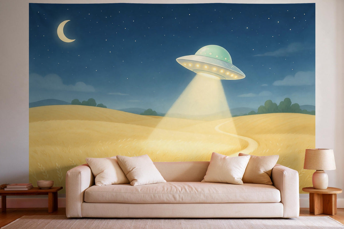Decoración de pared en un salón luminoso sobre el sofá: tapiz de tela Ovni sobre el campo de trigo