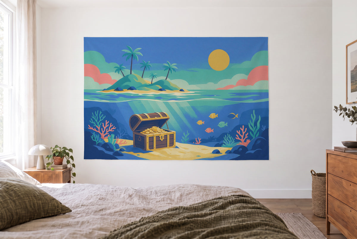 Screen-print treasure chest tapestry in a bright bedroom opposite the bed, wooden dresser at right – blue and yellow