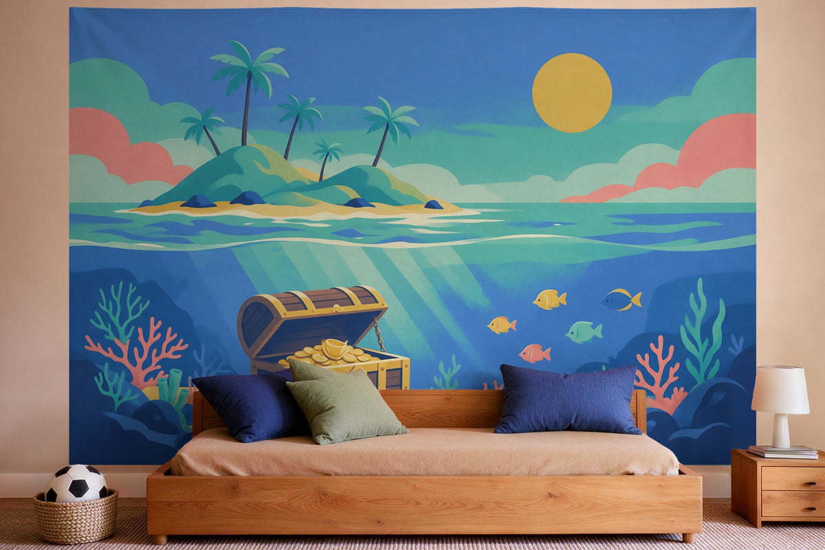 XXL wall tapestry Treasure Chest in Screen-Print Style as wall decor in a boys' bedroom