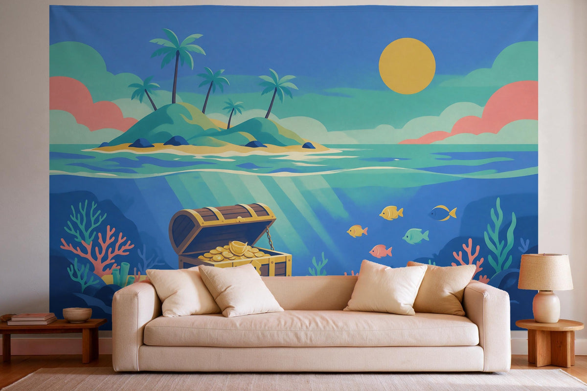 Wall decor in a bright living room above the sofa: printed fabric tapestry Treasure Chest in Screen-Print Style