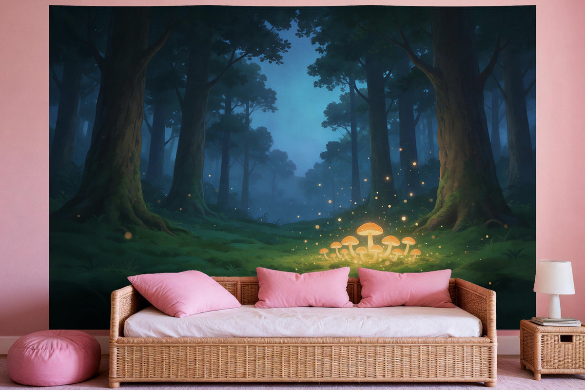 Déco murale dans une chambre de fille : tenture murale Clairière lumineuse à l'heure bleue, imprimée sur tissu