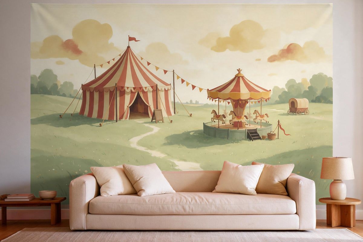 Tapiz de pared XXL Circo vintage con carpa y carrusel como decoración en un salón luminoso sobre el sofá