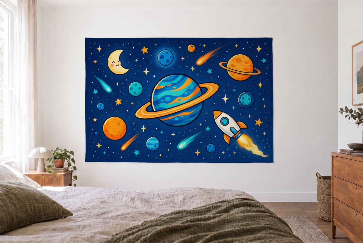 Wandtuch Weltraum mit Planeten im hellen Schlafzimmer gegenüber dem Bett, rechts eine Holzkommode – Nachtblau und Türkis
