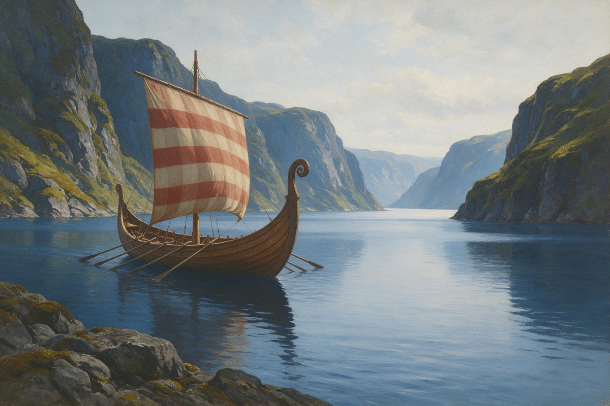 Wikingerschiff mit rot-weiss gestreiftem Segel links im Fjord, als Wandtuch, auf Stoff gedruckt – Blau und Grün