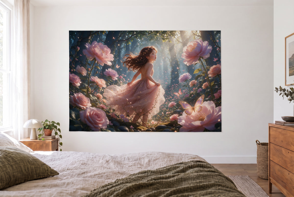 Tenture forêt enchantée aux fleurs lumineuses, chambre claire face au lit, commode en bois à droite – rose et or