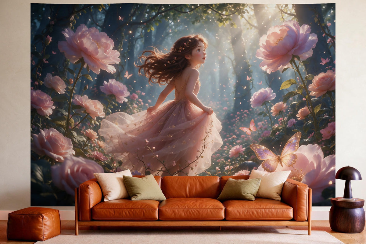 Wanddeko im gemütlichen Wohnzimmer über dem Ledersofa: Wandtuch Zauberwald mit leuchtenden Blumen, auf Stoff gedruckt