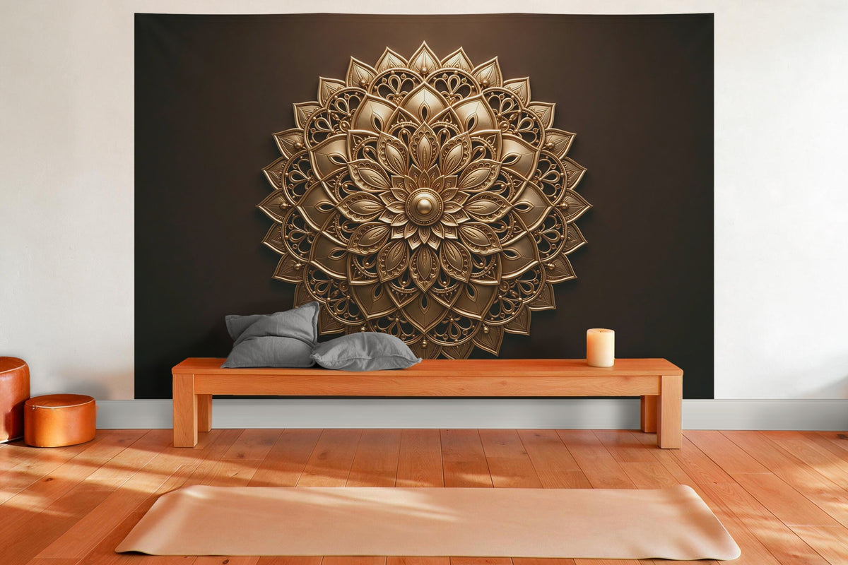 Wandtuch XXL Goldenes Mandala als Wanddeko im Yogaraum
