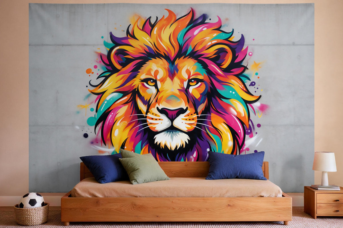 Tapiz de pared XXL León grafiti colorido como decoración en un dormitorio de niño