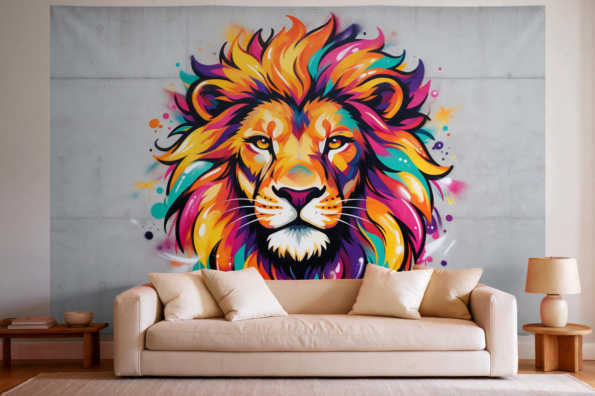 Decoración de pared en un salón luminoso sobre el sofá: tapiz de tela León grafiti colorido