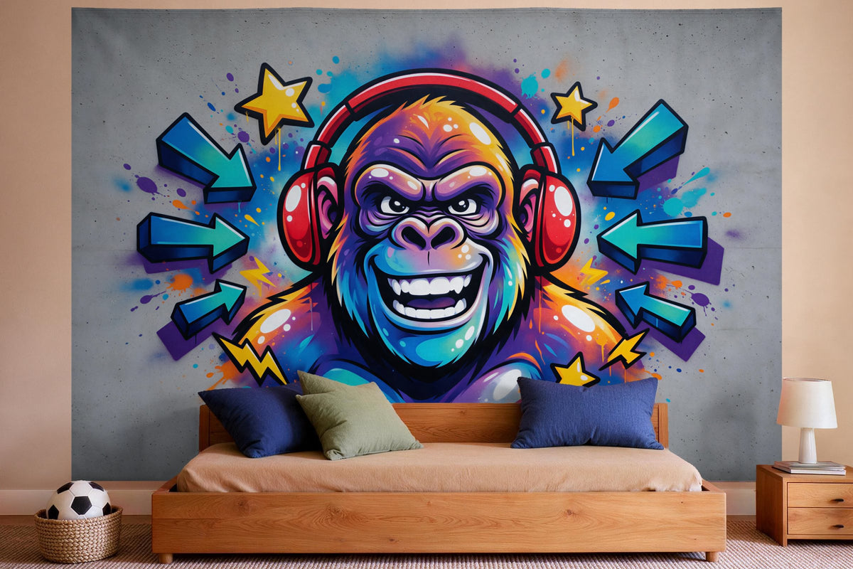 Wandtuch XXL Graffiti-Gorilla mit Kopfhörern als Wanddeko im Jungen-Kinderzimmer