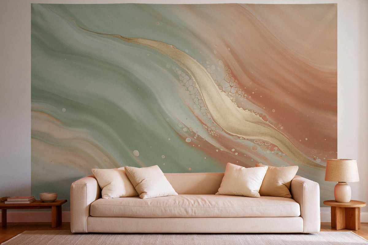 Déco murale dans un salon lumineux au-dessus du canapé : tenture murale Vagues de couleurs abstraites, imprimée sur tissu