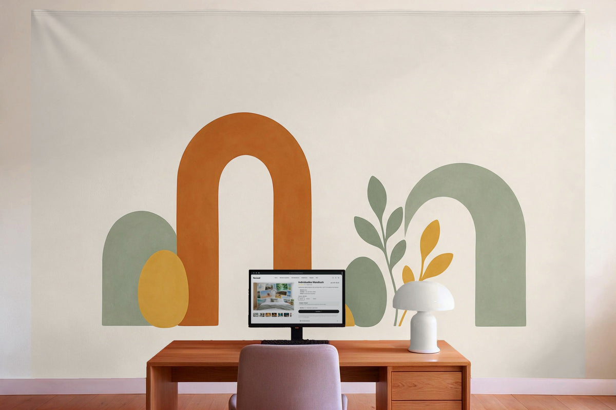 XXL wall tapestry Abstract Organic Shapes as wall decor in a home office behind the desk