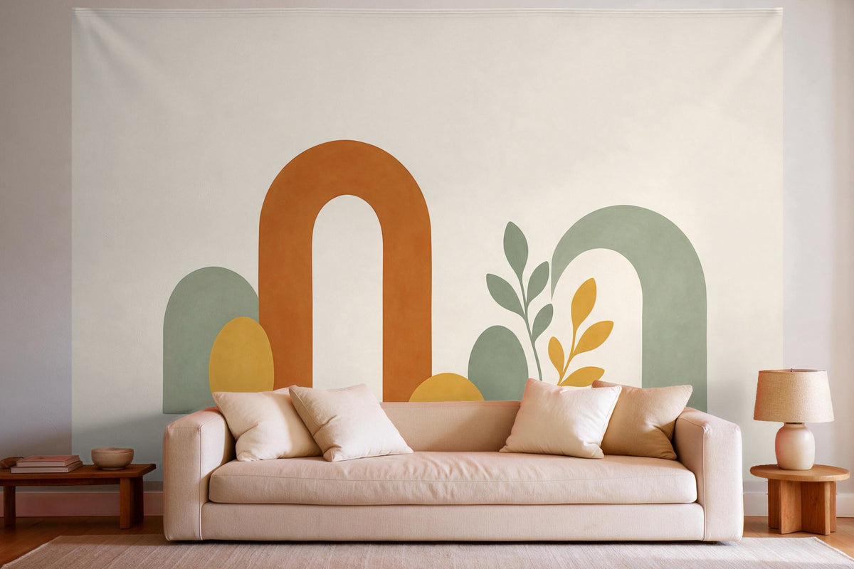 Wall decor in a bright living room above the sofa: printed fabric tapestry Abstract Organic Shapes