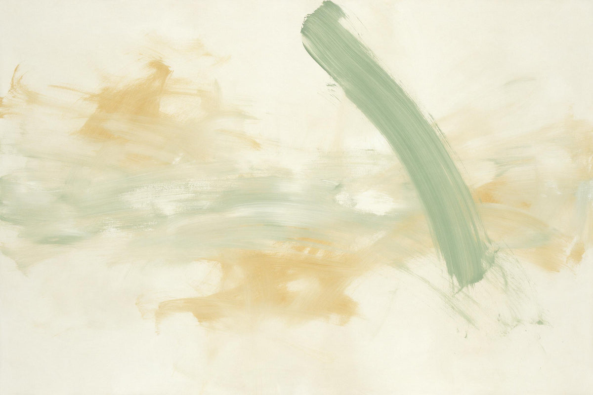 Abstract brushstrokes with a curved sage stroke at right on cream, tapestry printed on fabric – green and ochre