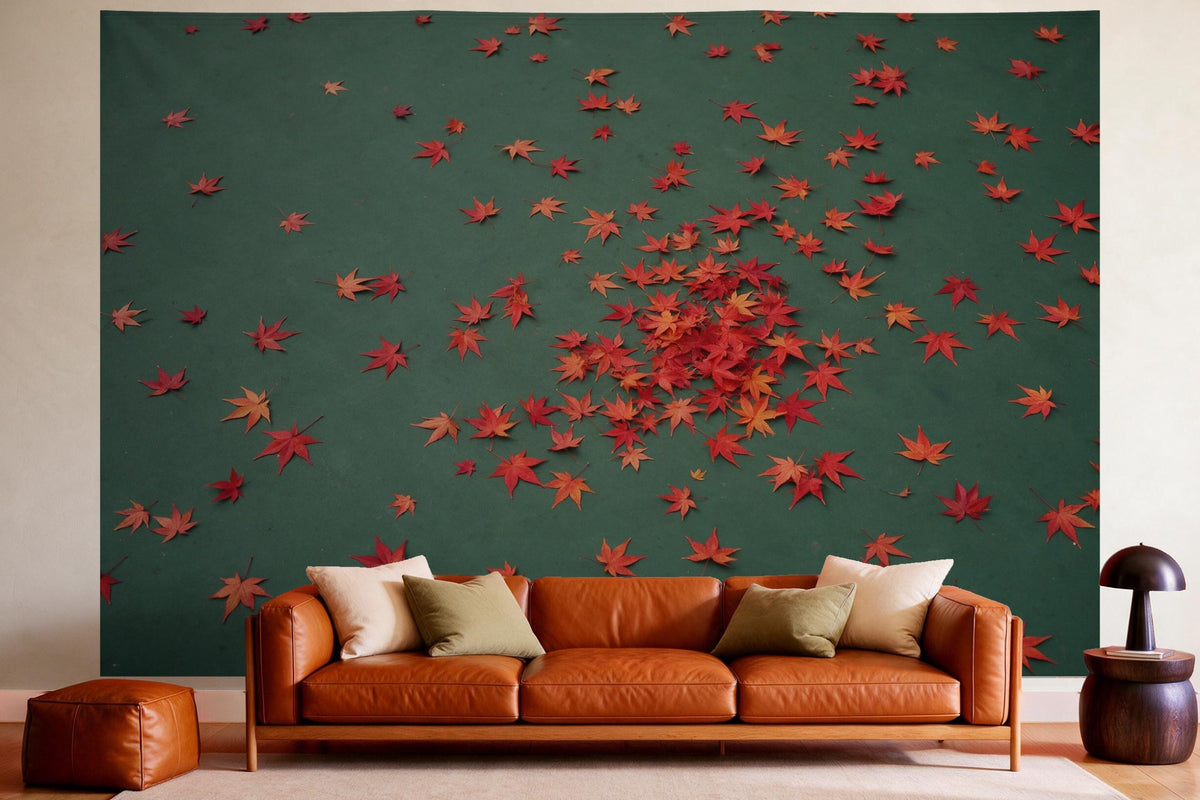 Tapiz de pared XXL Hojas de arce en colores otoñales como decoración en un salón acogedor sobre el sofá de cuero