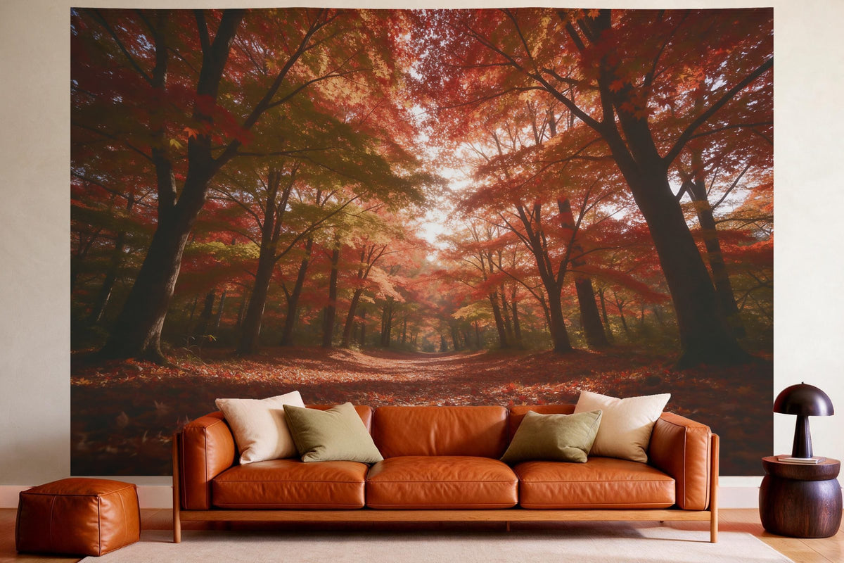 Wandtuch XXL Herbstlicher Ahornwald mit Lichtflecken als Wanddeko im gemütlichen Wohnzimmer über dem Ledersofa