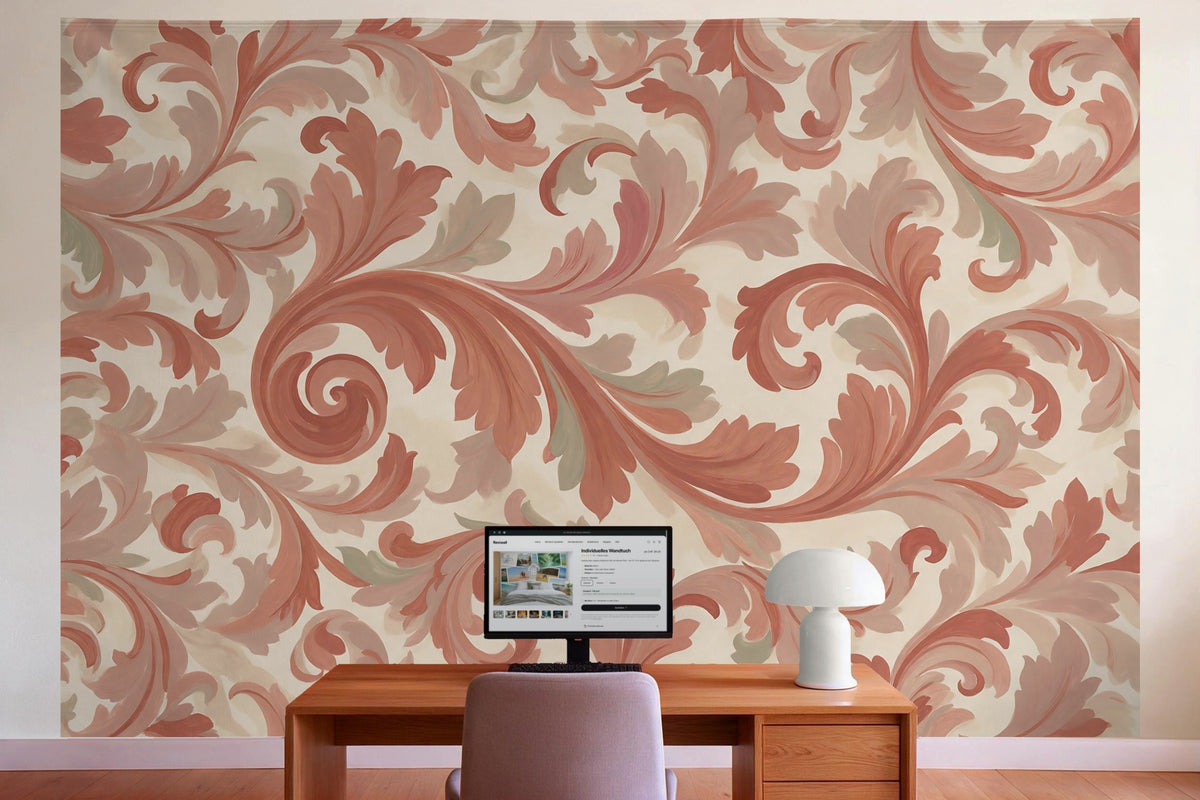 Wall decor in a home office behind the desk: printed fabric tapestry Acanthus Scrolls in Terracotta