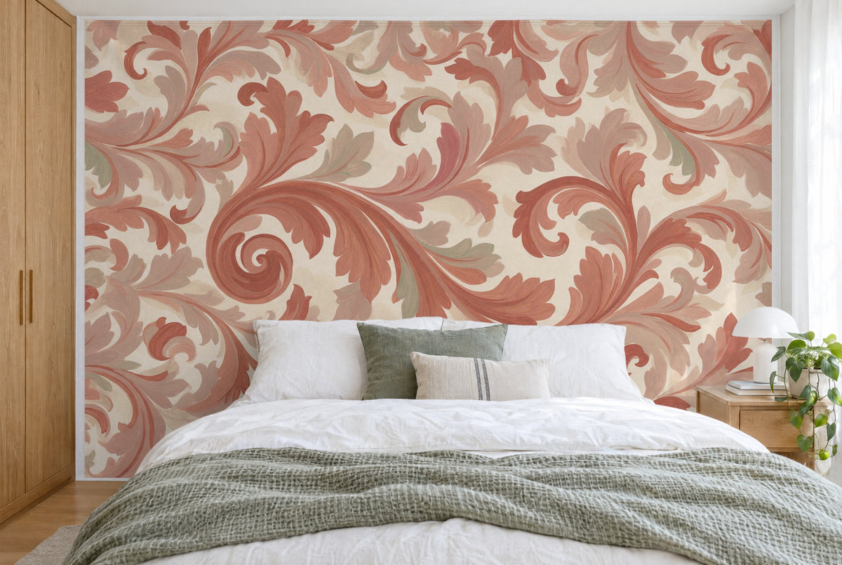 XXL printed fabric: large acanthus scroll with a spiral left of centre, many leaves, full wall behind the bed